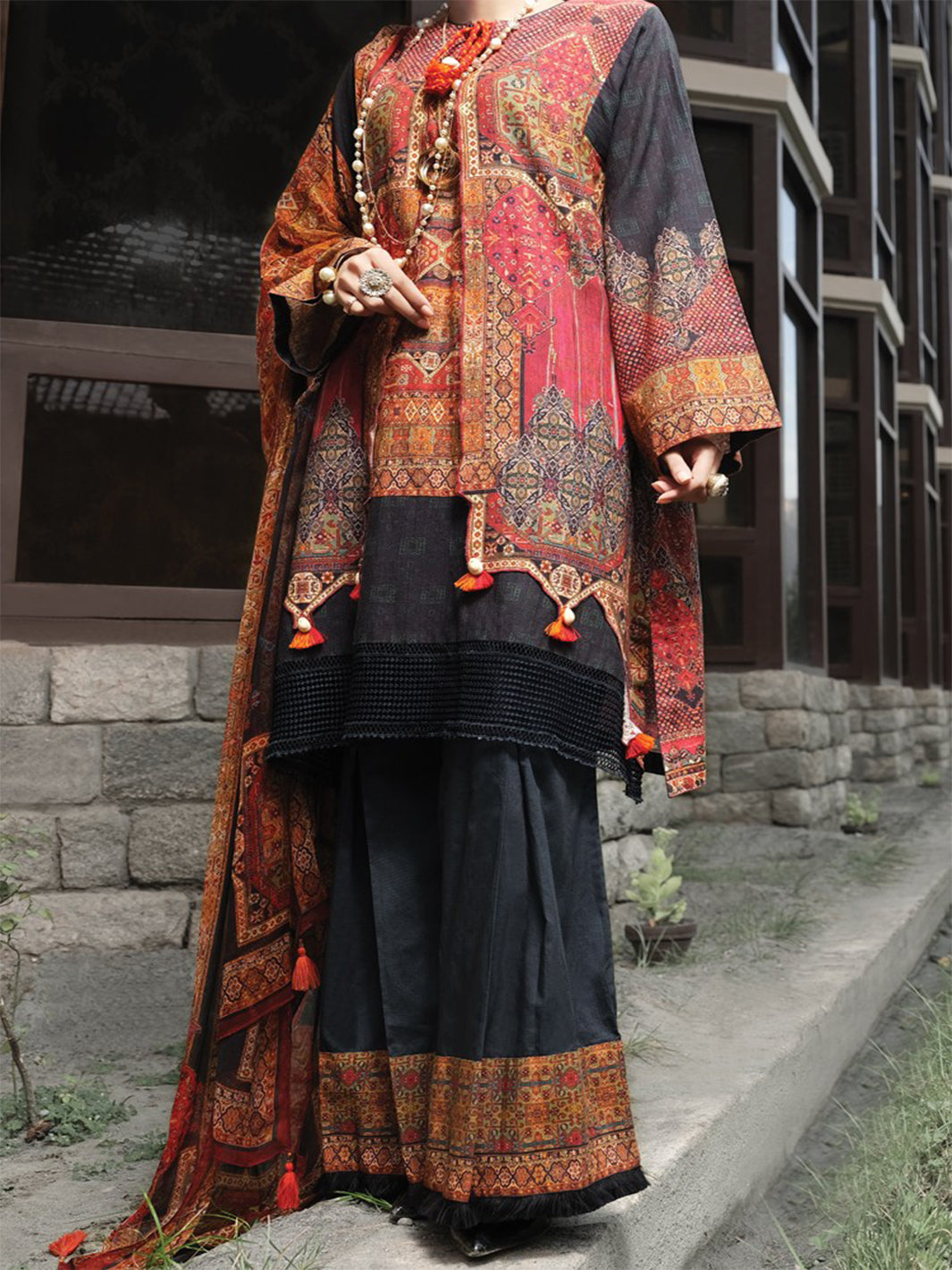 Red Khaddar + Linen 3Pc Stitched - AWP-210