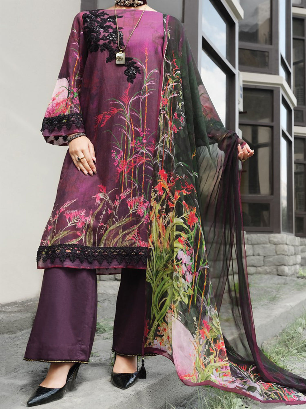 Purple Khaddar + Linen 3 Piece Stitched - AWP-212