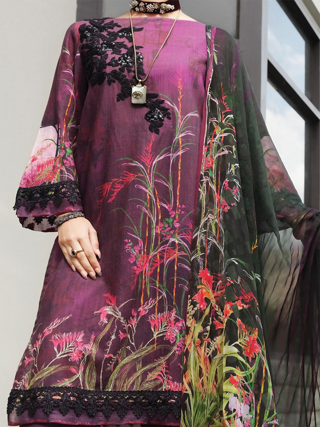 Purple Khaddar + Linen 3 Piece Stitched - AWP-212