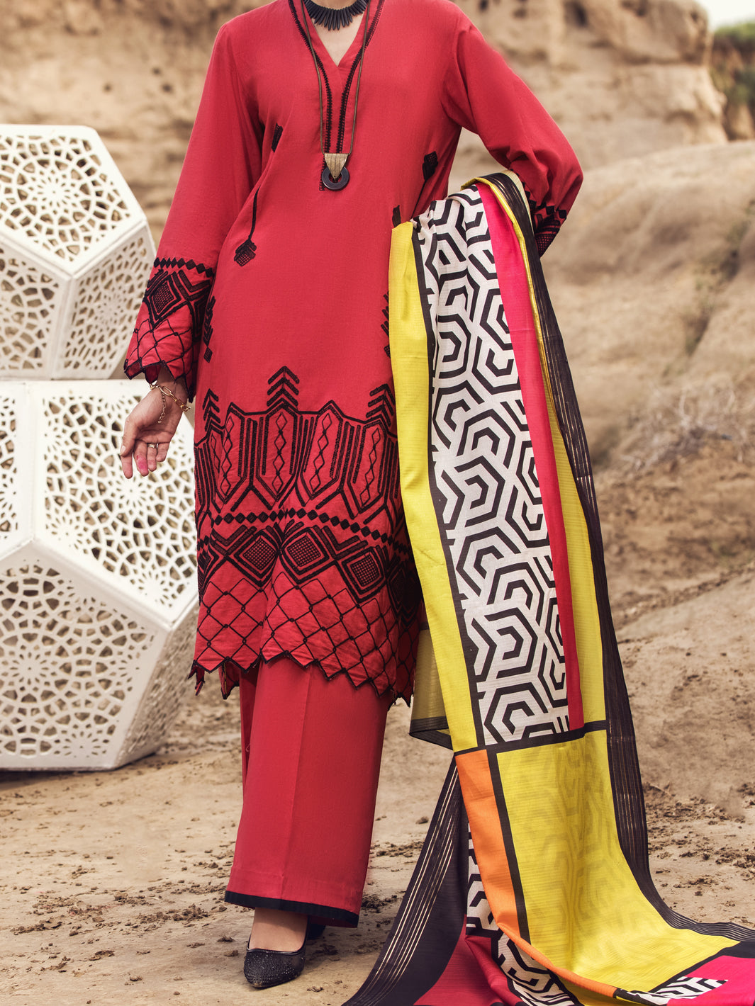 Red Karandi 3Pc Unstitched - AWP-3PS-355