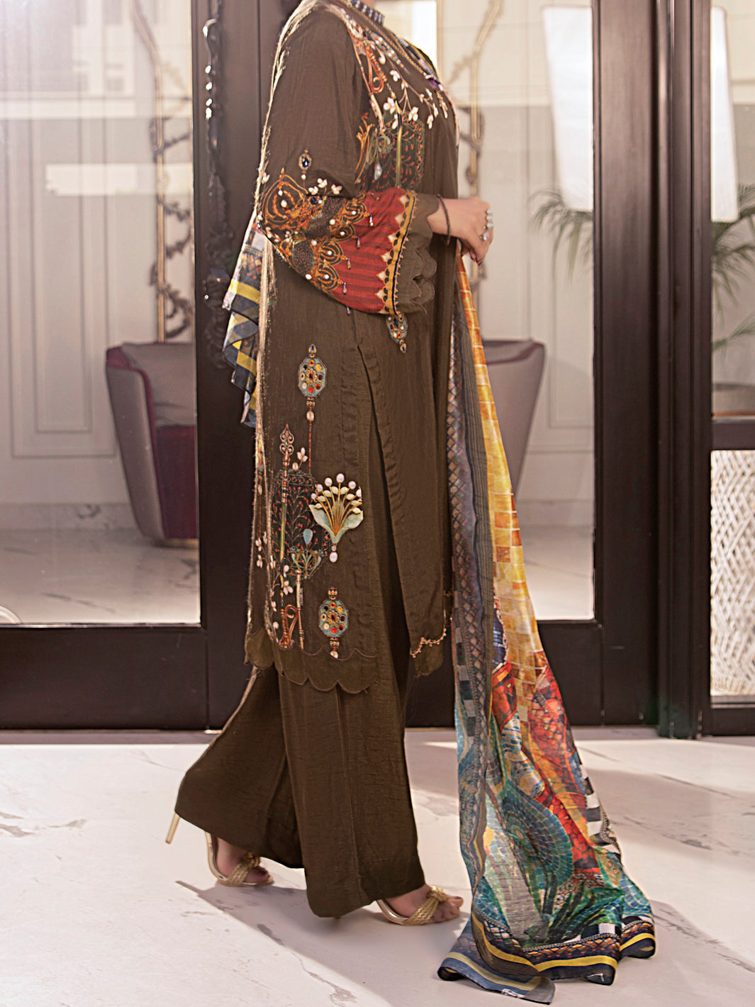 Olive Raw Silk 3Pc Stitched - AWP-3PS-357