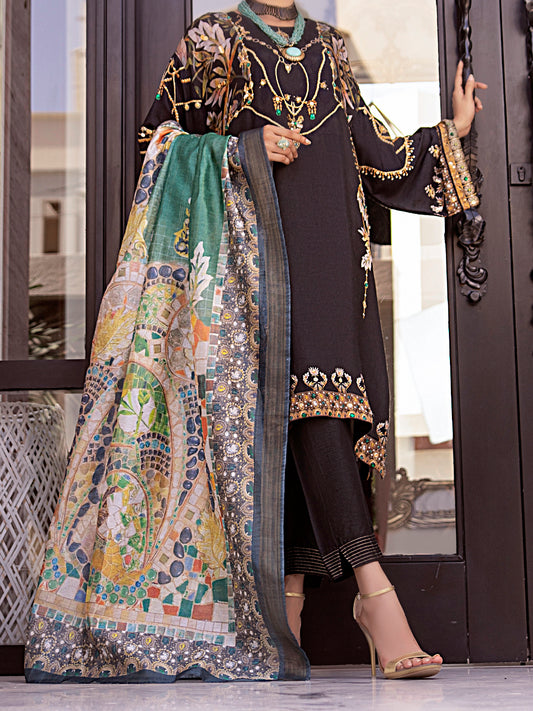 Black Raw Silk 3 Piece Stitched - AWP-3PS-359