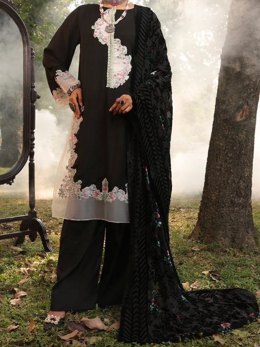 Black Slub Viscose Stitched 3 Piece - AWP-3PS-442