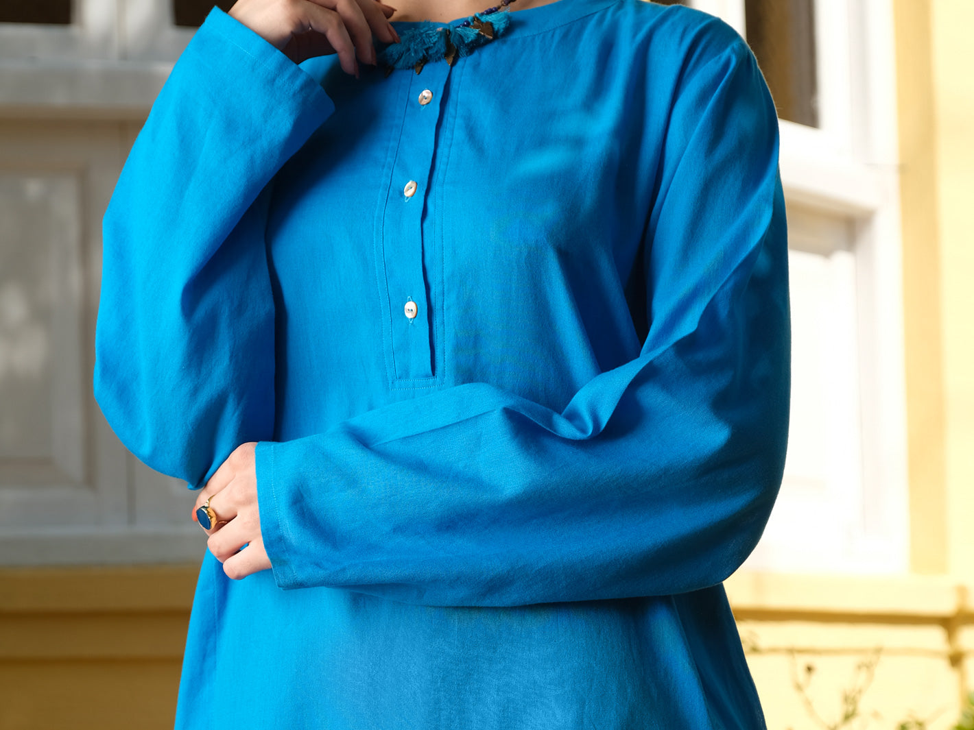 Blue Hand-Woven Cotton Tunic - ALCR-LK-1005 - Almirah Online