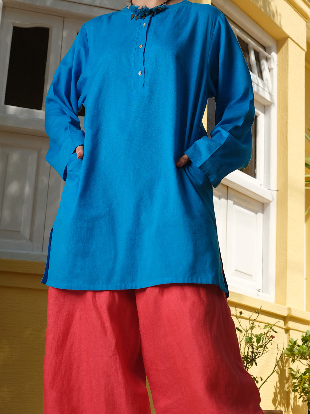 Blue Hand-Woven Cotton Tunic - ALCR-LK-1005 - Almirah Online