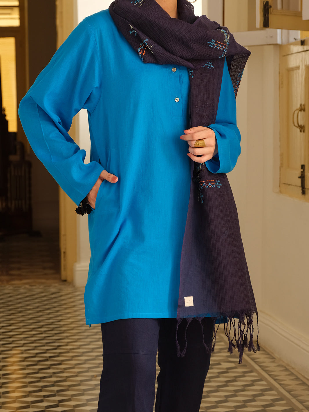 Blue Hand-Woven Cotton Tunic - ALCR-LK-1005 - Almirah Online