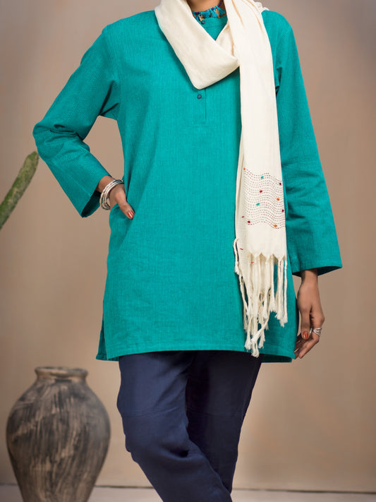 Turquoise Hand-Woven Cotton Tunic - ALCR-LK-1008 - Almirah Online