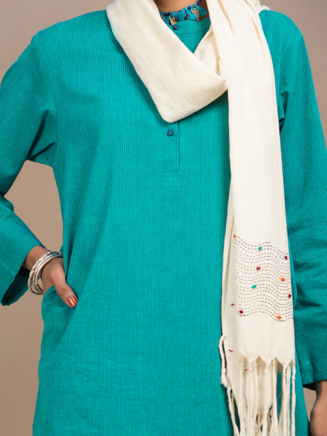 Turquoise Hand-Woven Cotton Tunic - ALCR-LK-1008 - Almirah Online