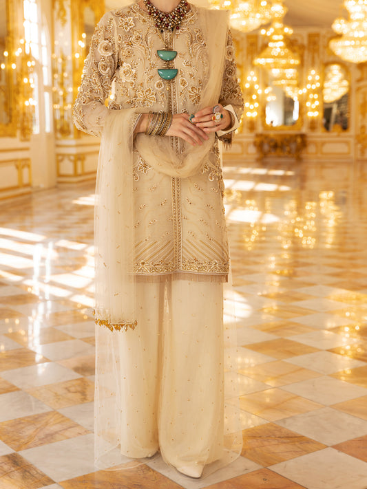 Beige Organza 3Pc Formal Unstitched - AL-3PS-LS-UN-357