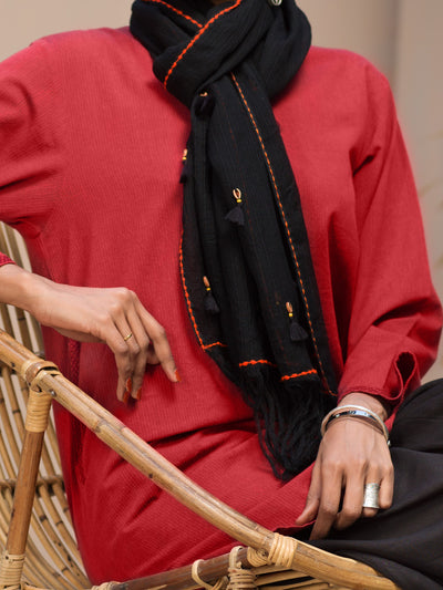 Black Hand-Woven Cotton Silk Women Stole - ALCR-ST-1001