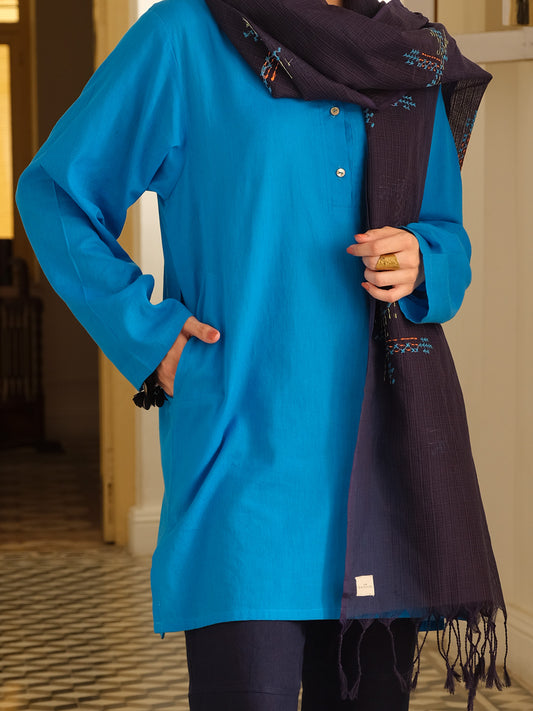 Blue Hand-Woven Cotton Silk Women Stole - ALCR-ST-1005 - Almirah Online