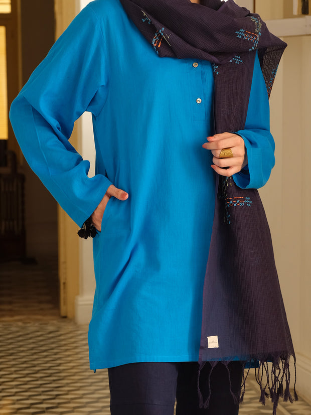 Blue Hand-Woven Cotton Silk Women Stole - ALCR-ST-1005